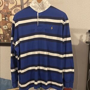 Polo by Ralph Lauren Men's Royal Blue and White Striped Long Sleeve rugby Shirt